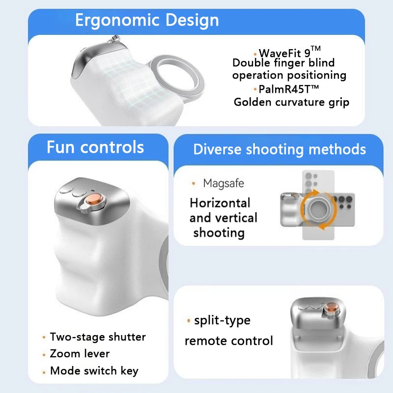 Magnetic Camera Grip with Remote Shutter Fill Light Remote Control Handle Universal for iPhone Androids Phones